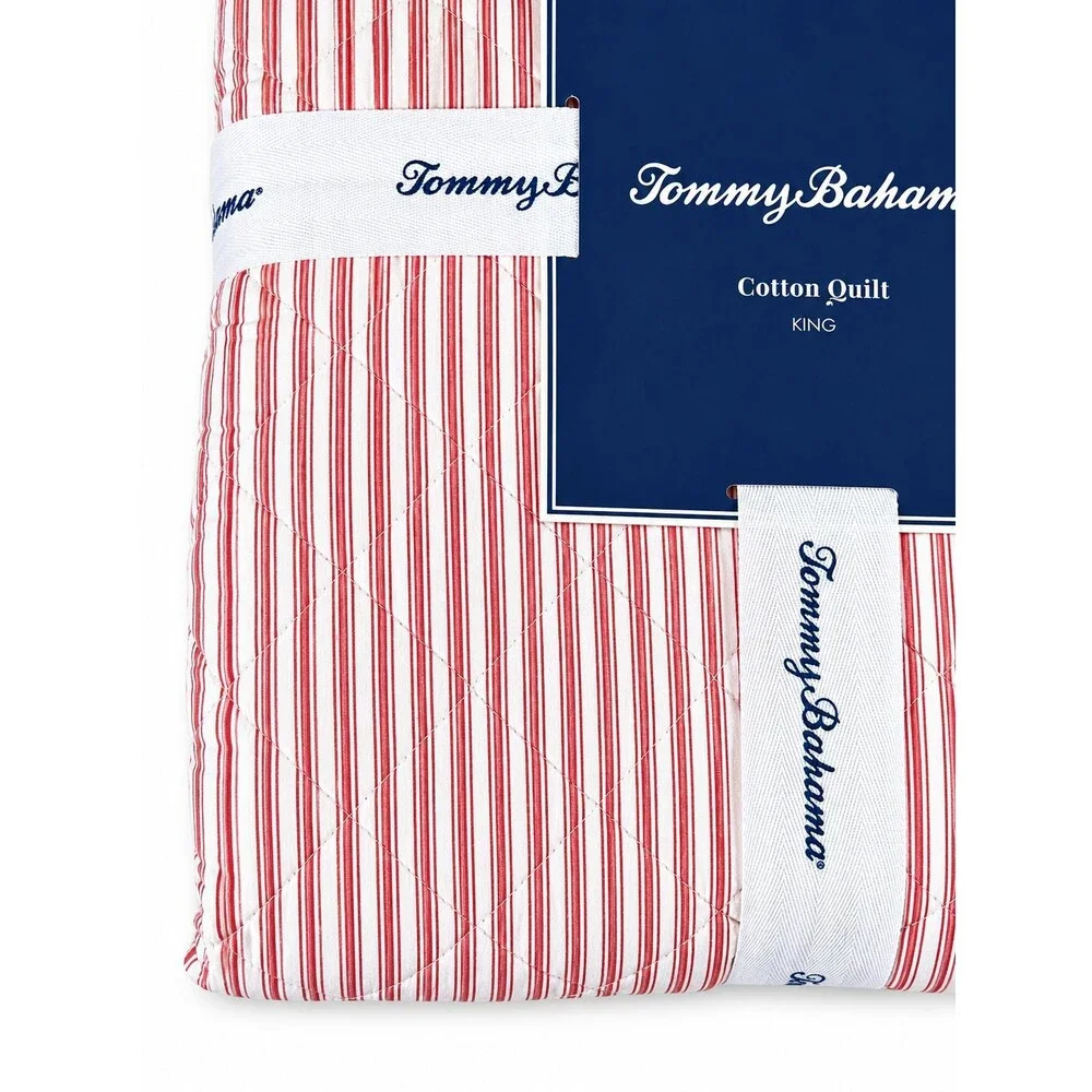 Tommy Bahama Makena Stripe King Quilt Comforter Pink White Reversible Tropical